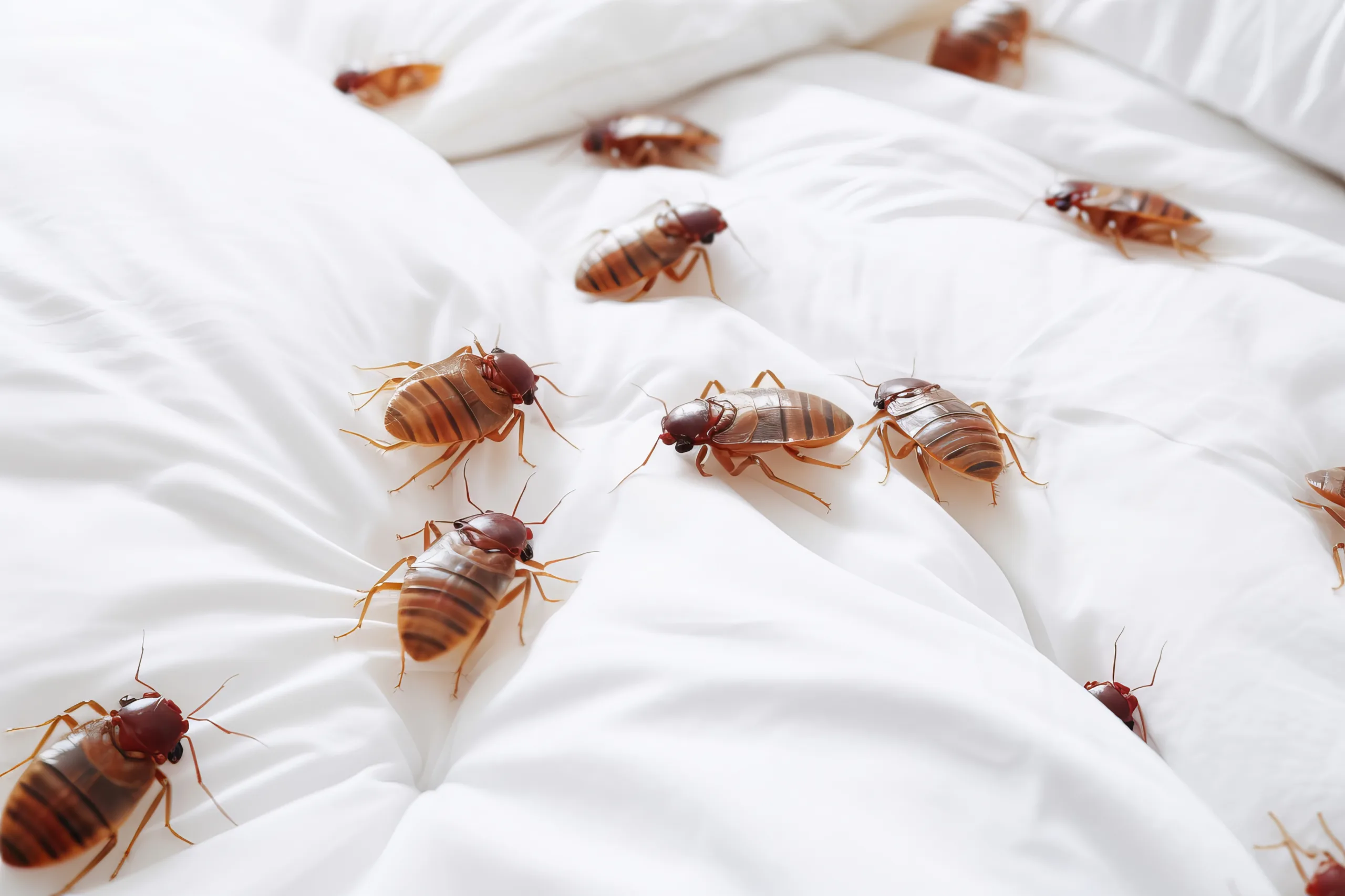 bedbug colony white sheet bed bedroom closeup scaled